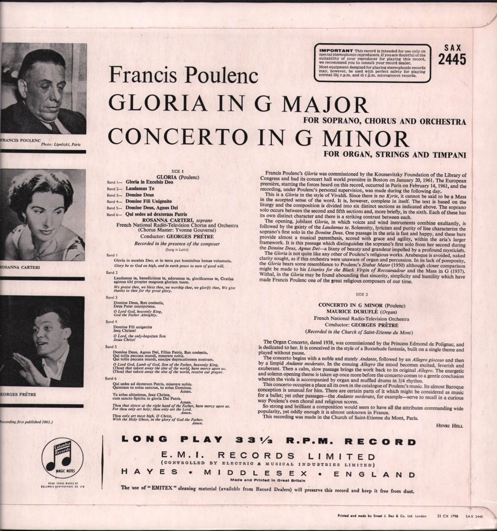 Rosanna Carteri / Maurice Durufle / Georges Pretre / French National Radio And Television Orchestra - Francis Poulenc - Gloria / Concerto For Organ - Lp