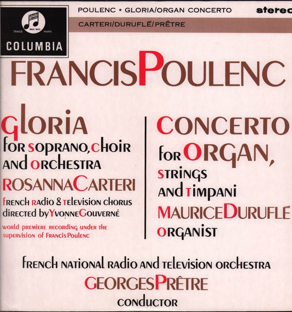 Rosanna Carteri / Maurice Durufle / Georges Pretre / French National Radio And Television Orchestra - Francis Poulenc - Gloria / Concerto For Organ - Lp