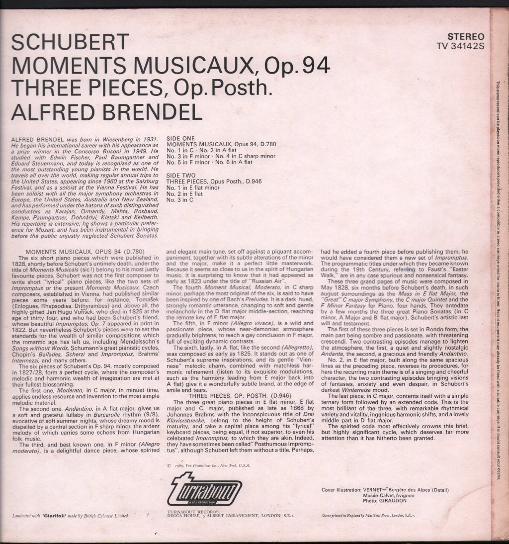 Alfred Brendel - Schubert - Moments Musicaux Op. 94 / Three Pieces Op. Posth. - Lp