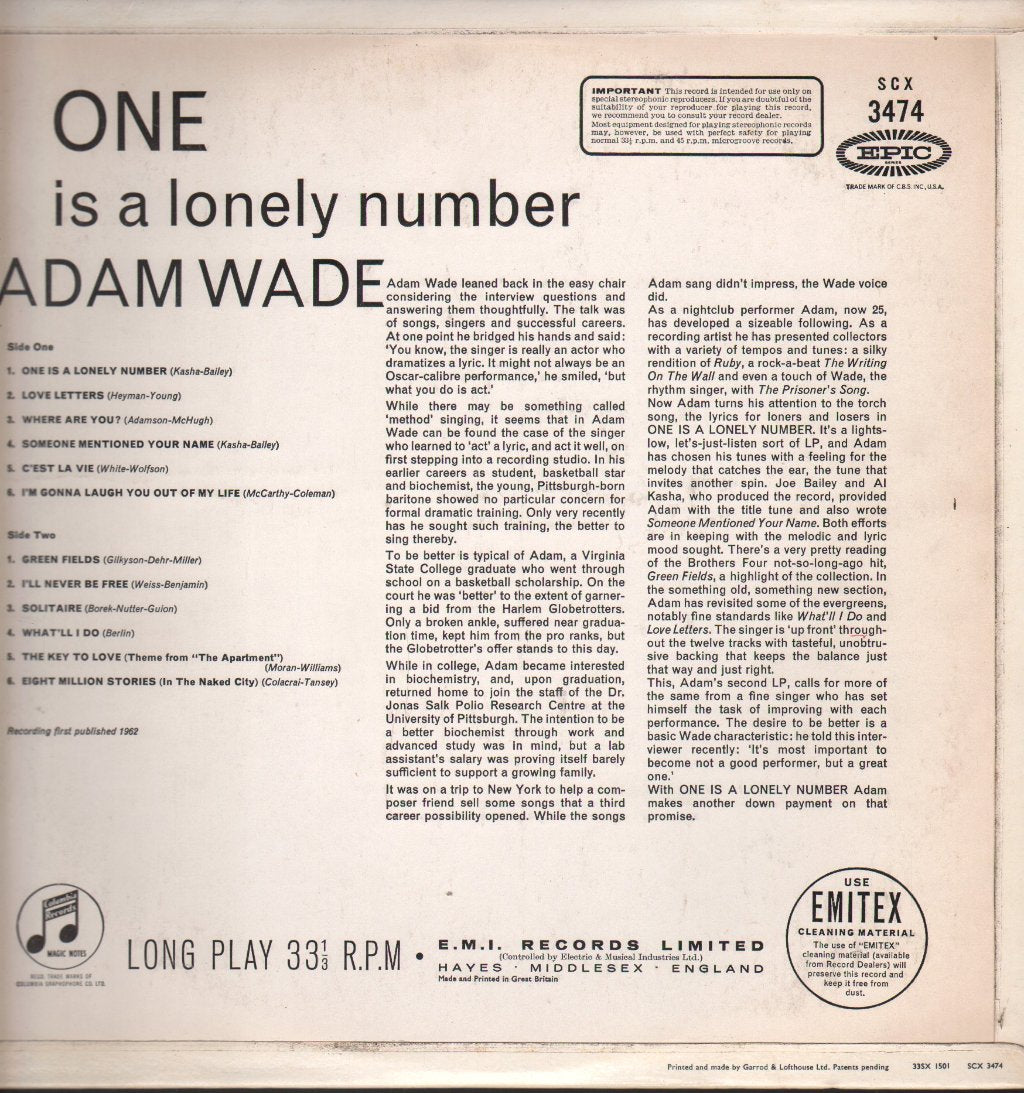 Adam Wade - One Is Alonely Number - Lp