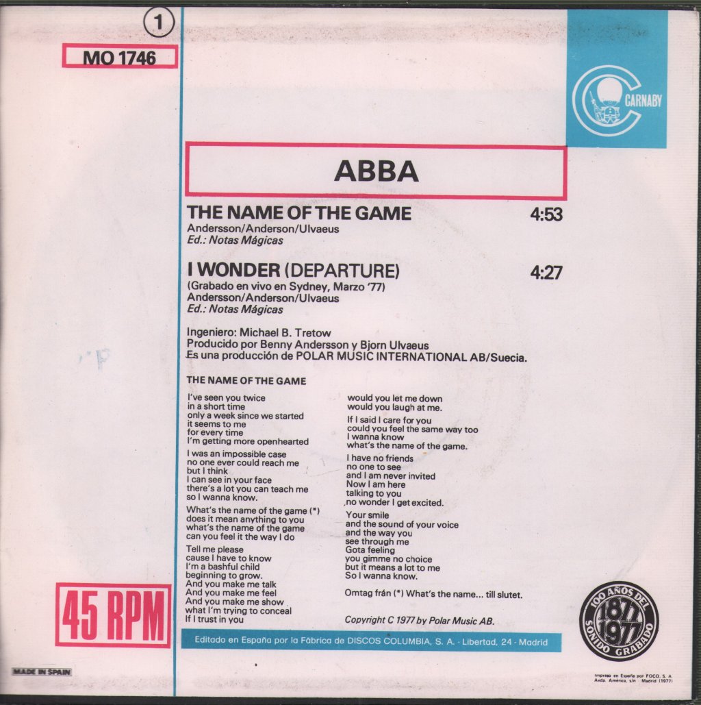 ABBA - Name Of The Game - 7 Inch