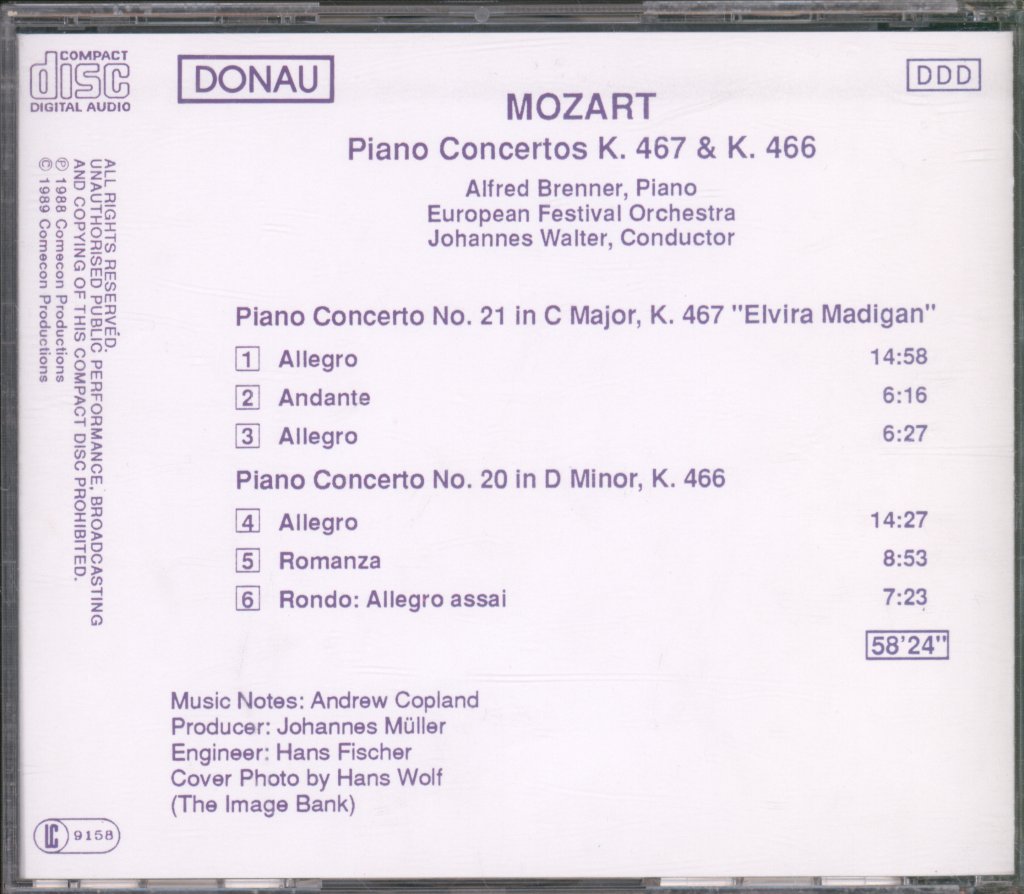 Alfred Brenner, European Festival Orchestra - Mozart - Piano Concertos K. 467 "Elvira Madigan" & K. 466 - Cd