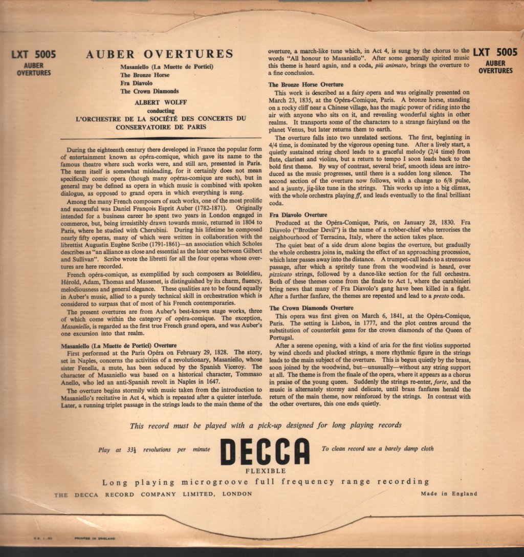 Albert Wolff / L'Orchestre De La Societe Des Concerts Du Conservatoire De Paris - Auber - Ouvertures - Lp