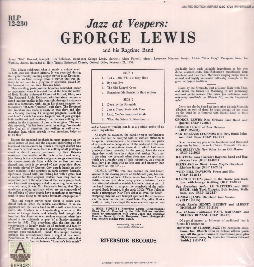 George Lewis' Ragtime Band - Jazz At Vespers - Lp