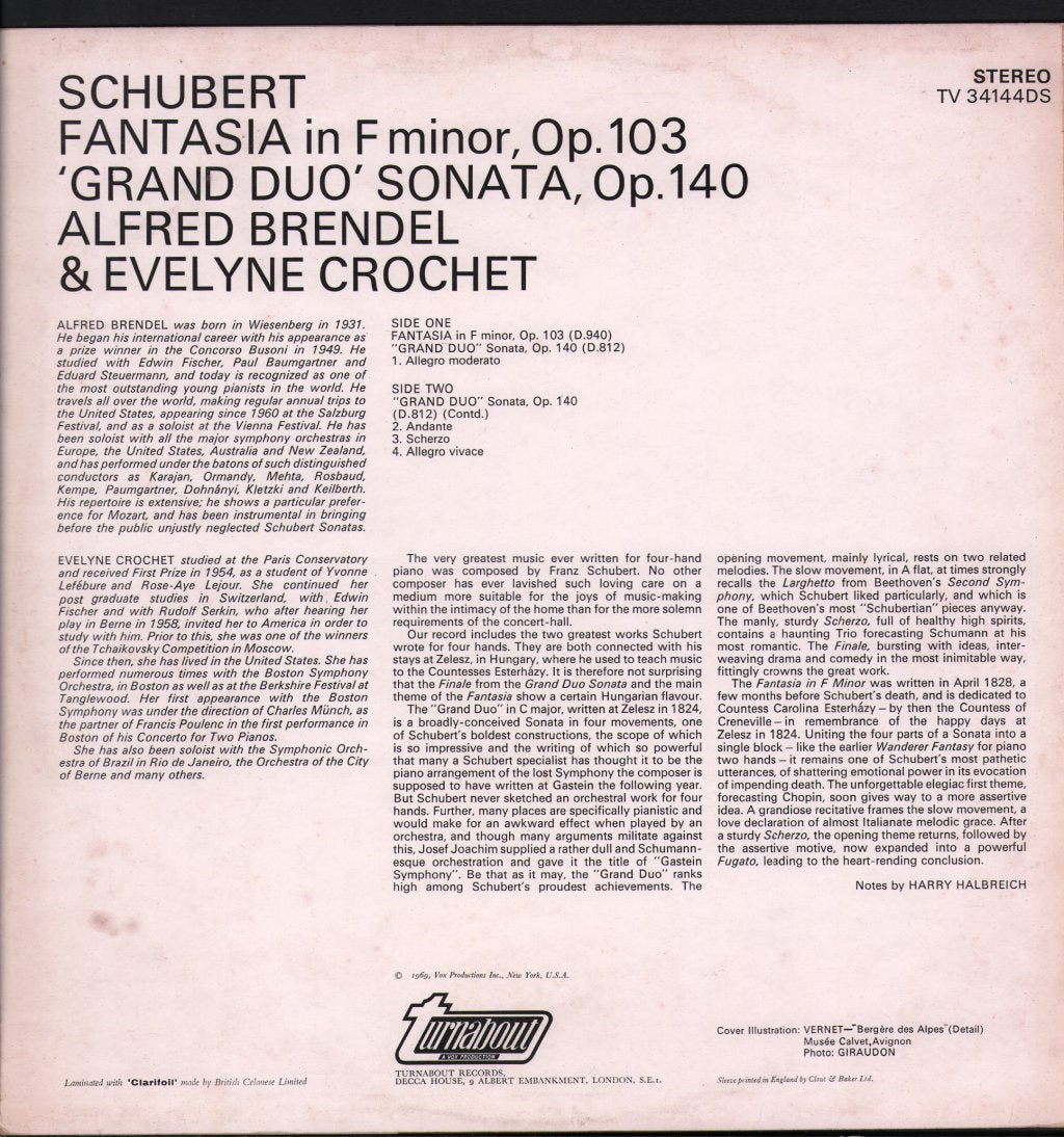 Alfred Brendel & Evelyne Crochet - Schubert - Fantasia In F Minor, Op. 103 / 'Grand Duo' Sonata Op. 140 - Lp