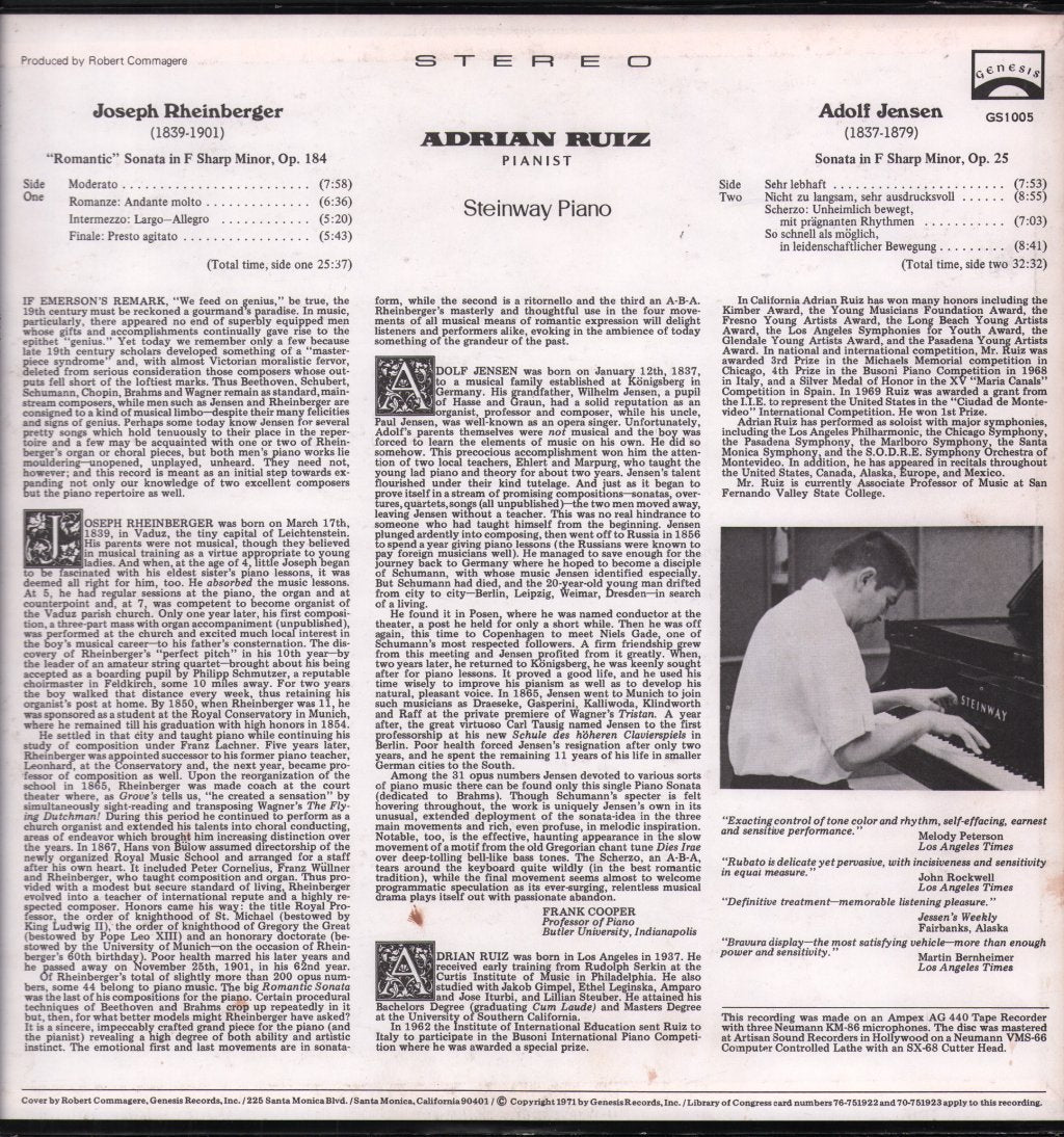 Adrian Ruiz - Josef Rheinberger - Piano Sonata F Sharp Minor, Op. 184 "Romantic" / Adolf Jensen - Piano Sonata F Sharp Minor, Op. 25 - Lp