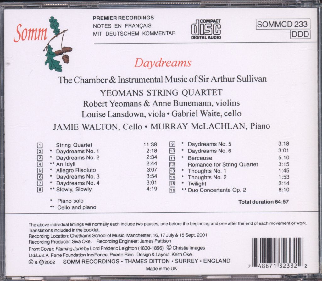 Yeomans String Quartet, Jamie Walton, Murray McLachlan - Daydreams – The Chamber & Instrumental Music Of Arthur Sullivan - Cd