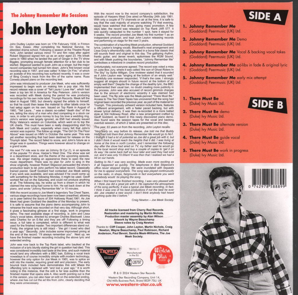 John Leyton - Johnny Remember Me Sessions - Joe Meek's Tea Chest Tapes - 10 Inch