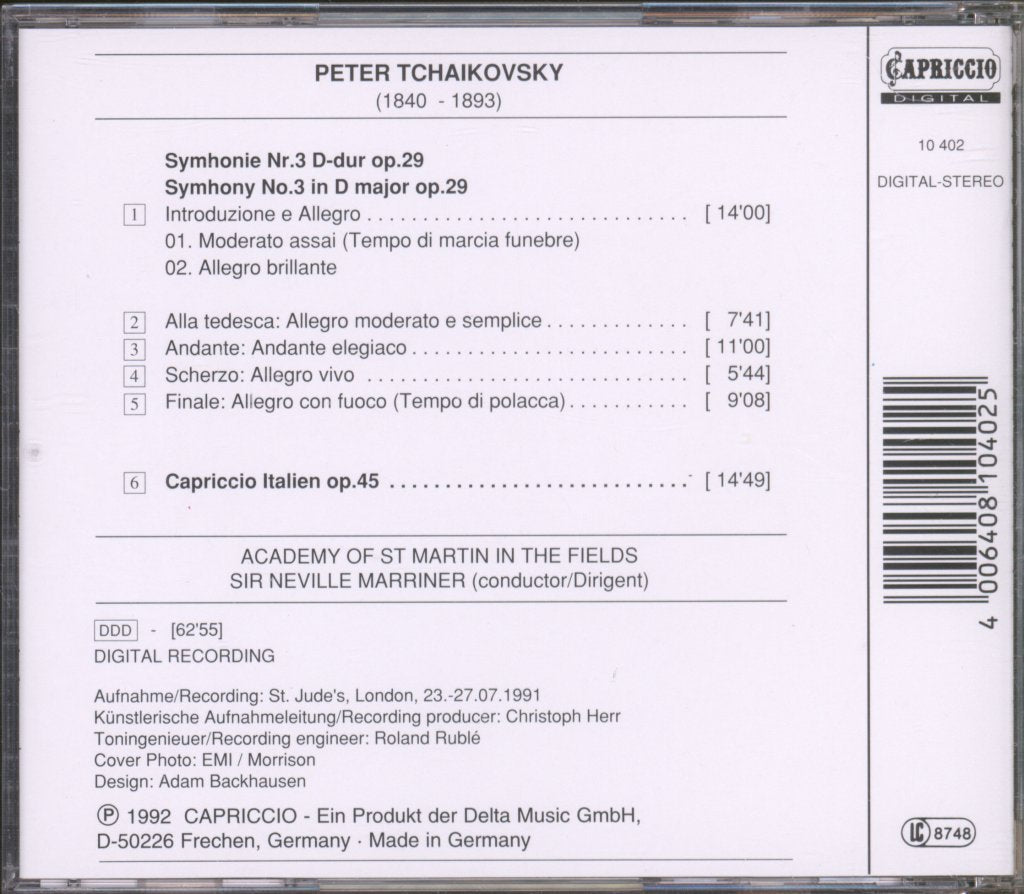 Academy Of St. Martin-in-the-Fields, Sir Neville Marriner - Tchaikovsky - Symphony No.3 • Capriccio Italien - Cd