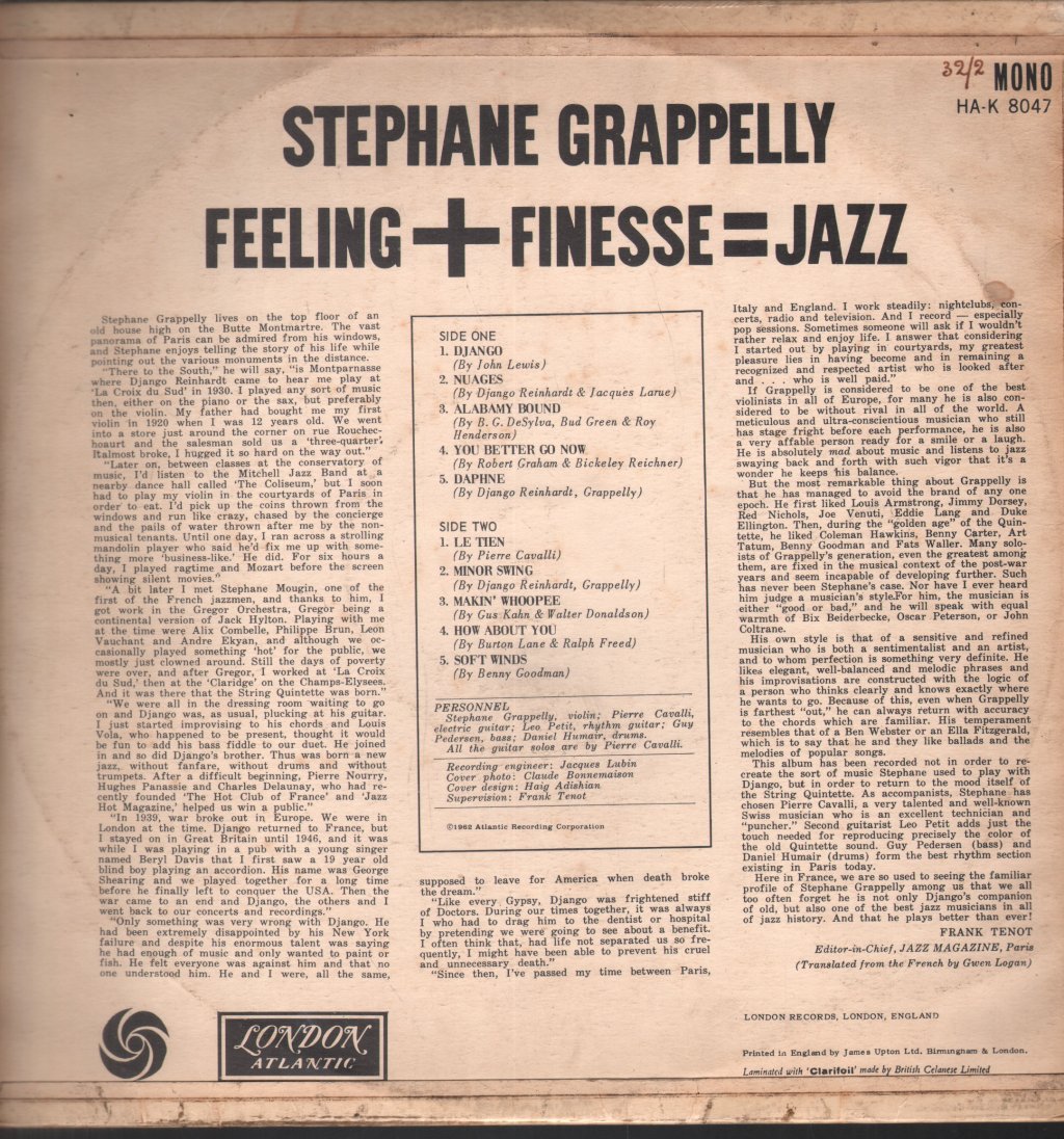 Stephane Grappelly - Feeling + Finesse = Jazz - Lp