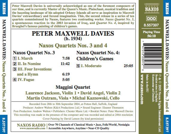 Maggini Quartet - Maxwell Davies - Naxos Quartets Nos. 3 And 4 - Cd