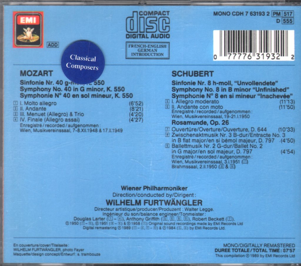 Wolfgang Amadeus Mozart, Franz Schubert, Wilhelm Furtwängler - Symphony No 40 / Symphony No 8 (Unfinished'' / Rosamunde - Cd