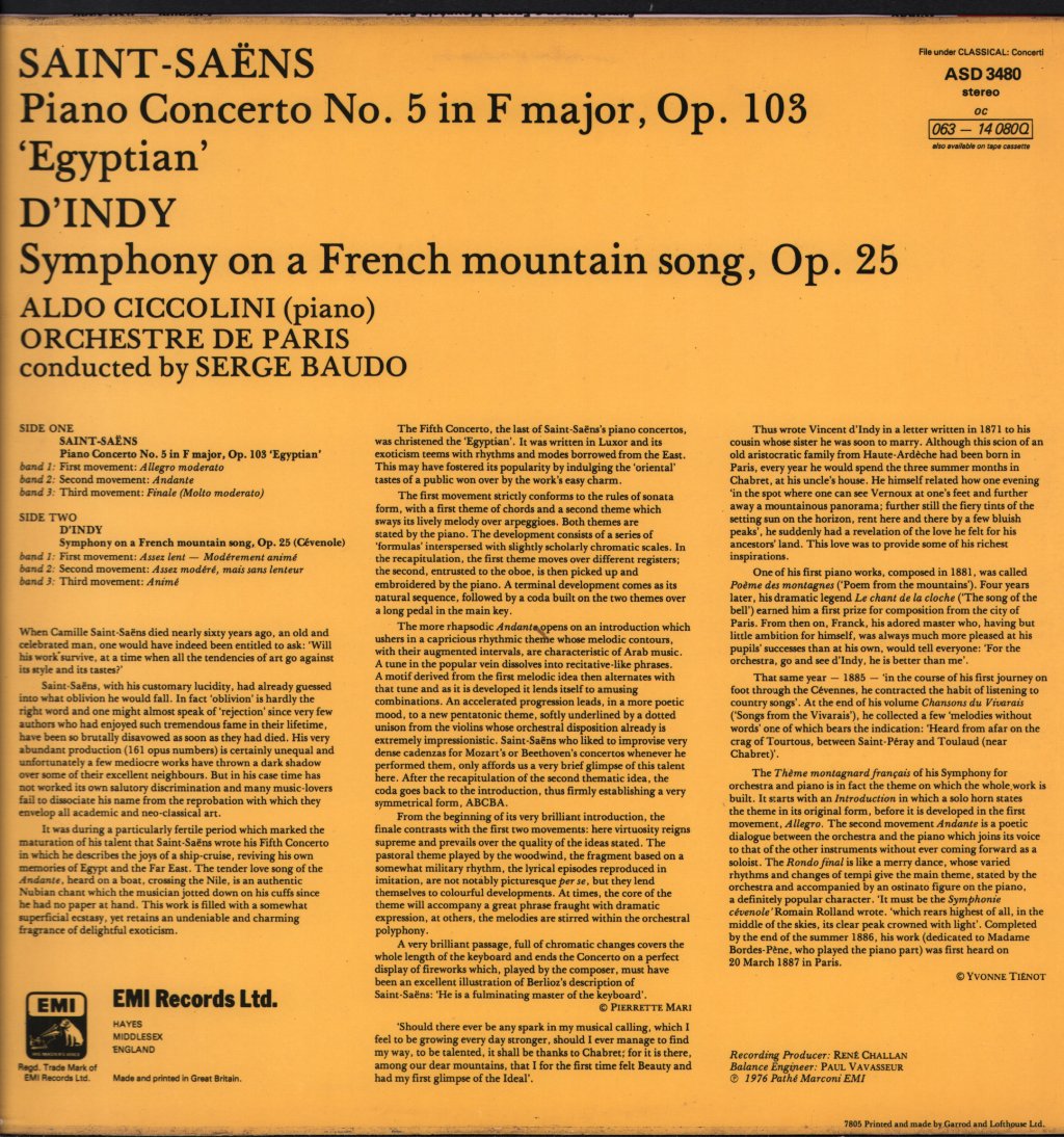 Aldo Ciccolini / Orchestre De Paris / Serge Baudo - D'Indy - Symphony On A French Mountain Song / Saint-Saens - Piano Concerto No.5 'Egyptian' - Lp