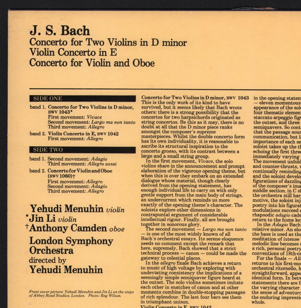 Yehudi Menuhin / Jin Li / Anthony Camden / London Symphony Orchestra - Bach - Violin Concerto In E / Concerto For Two Violins / Concerto For Violin And Oboe - Lp