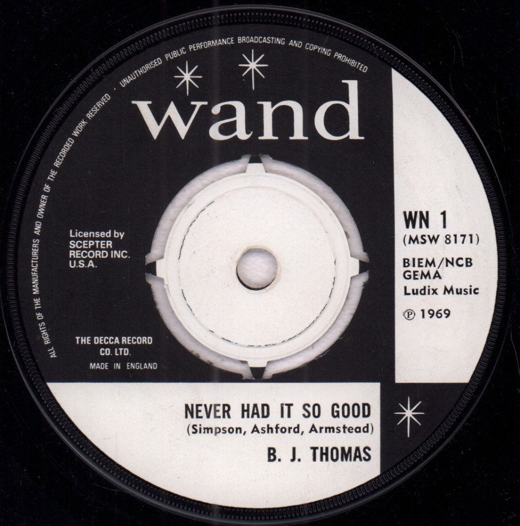 B.J. Thomas - Raindrops Keep Fallin' On My Head - 7 Inch