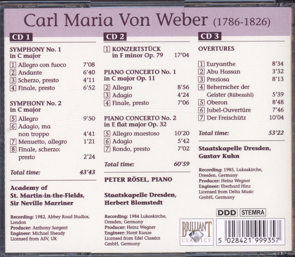 Academy Of St. Martin-in-the-Fields, Sir Neville Marriner - Von Weber - Piano Concertos • Symphonies • Overtures - Triple Cd