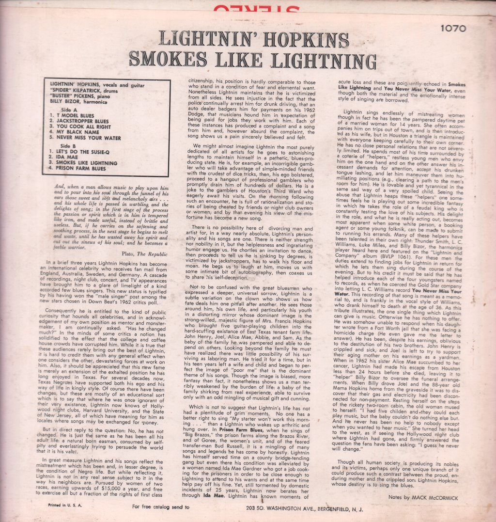 Lightnin' Hopkins - Smokes Like Lightning - Lp