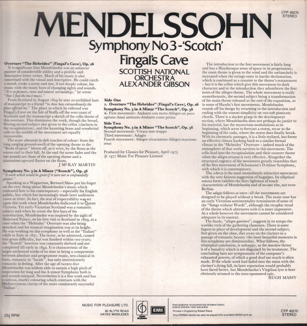 Alexander Gibson / Scottish National Orchestra - Mendelssohn - Symphony No 3 -'Scotch' / Fingal's Cave - Lp