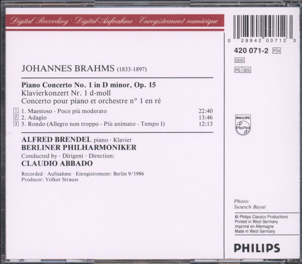 Alfred Brendel, Berliner Philharmoniker - Brahms - Piano Concerto = Klavierkonzert Nr. 1 - Cd