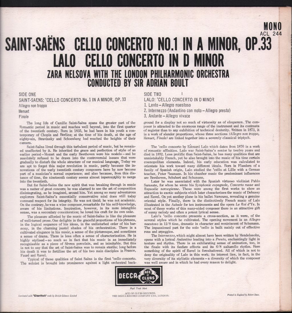 Zara Nelsova / London Philharmonic Orchestra / Sir Adrian Boult - Saint-Saens - Cello Concerto In A Minor / Lalo - Cello Concerto In D Minor - Lp