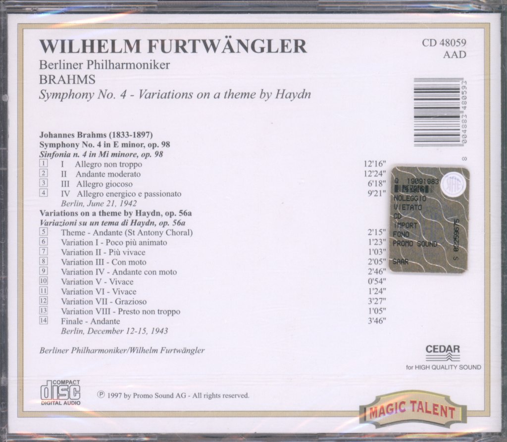 Wilhelm Furtwängler, Berliner Philharmoniker - Brahms Symphony No 4 - Cd