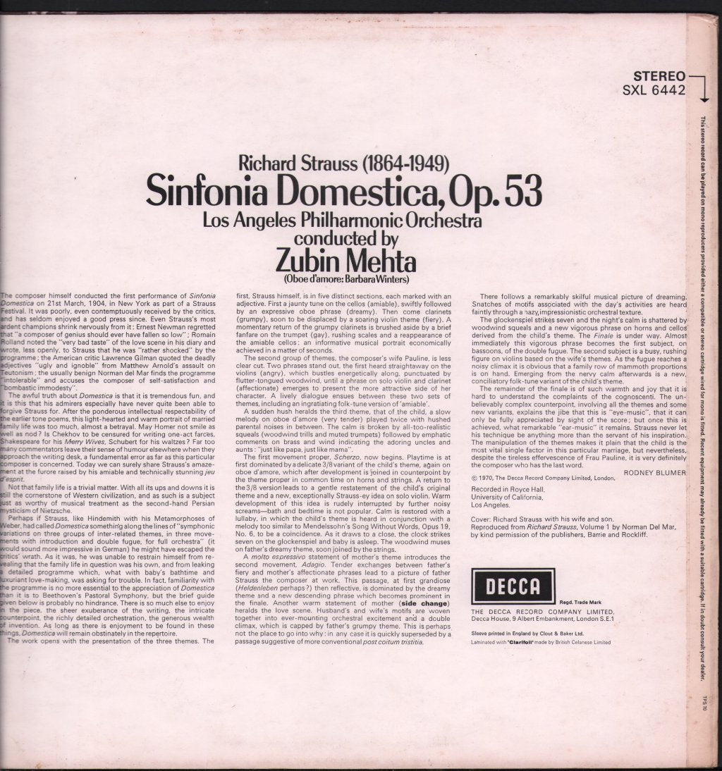 Zubin Mehta / Los Angeles Philharmonic Orchestra - Richard Strauss - Sinfonia Domestica - Lp