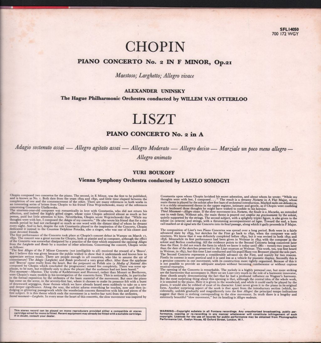 Alexander Uninsky / Hague Philharmonic Orchestra / Willem Van Otterloo / Yuri Boukoff / Vienna Symphony Orchestra - Chopin - Piano Concerto No. 2 In F Minor, Op. 21 / Liszt - Piano Concerto No. 2 In A - Lp