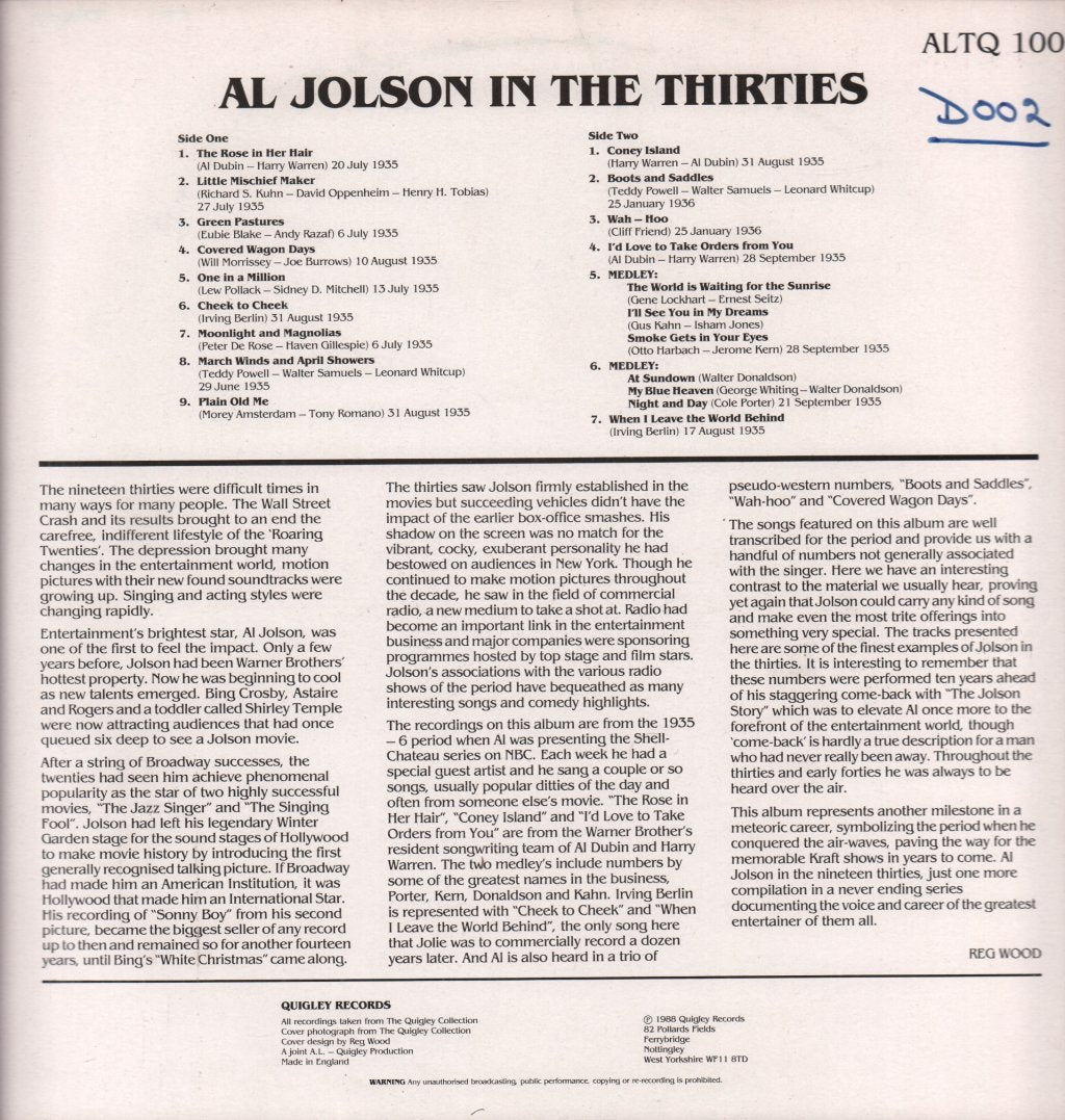 Al Jolson - In The Thirties - Lp