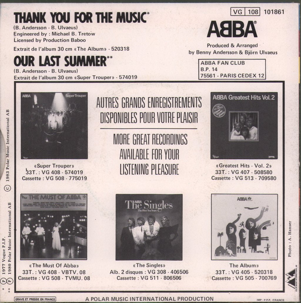 ABBA - Thank You For The Music / Our Last Summer - 7 Inch