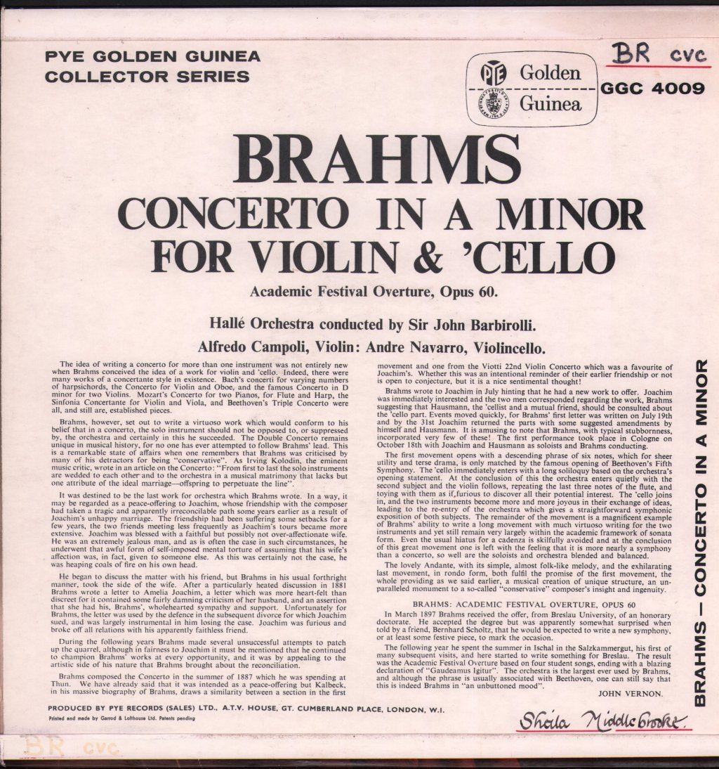 Alfredo Campoli / Andre Navarra / Sir John Barbirolli / Halle Orchestra - Brahms Concerto In A Minor For Violin & Cello / Academic Festival Overture - Lp