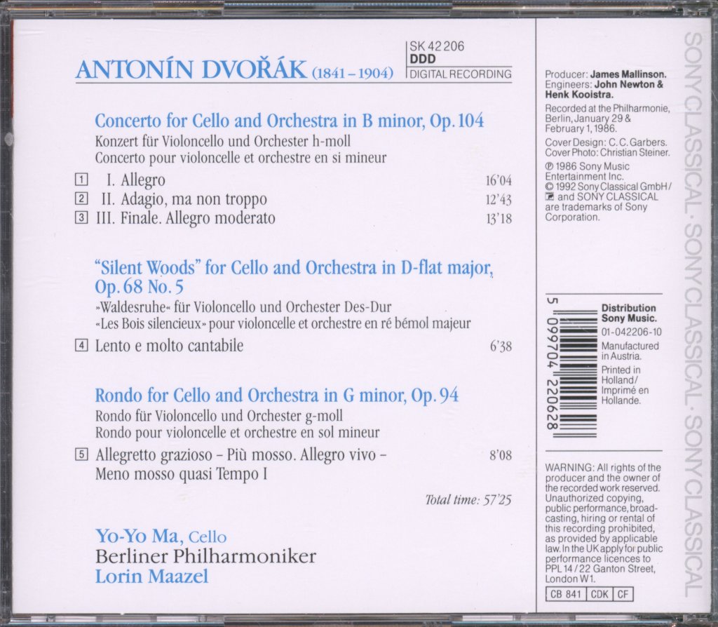 Yo Yo Ma, Berliner Philharmoniker, Lorin Maazel - Dvorak - Cello Concerto, Op.104 / Rondo, Op.94 / Klid/Waldesruhe, Op.68 No. 5 - Cd