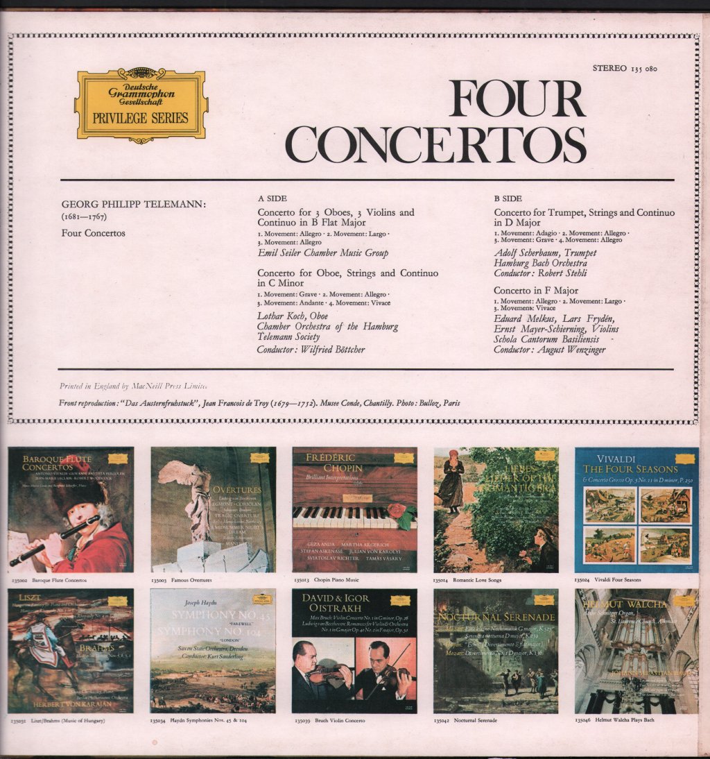 Adolf Scherbaum / Lothar Koch / Schola Cantorum Basiliensis - Georg Philipp Telemann - Four Concertos - Lp