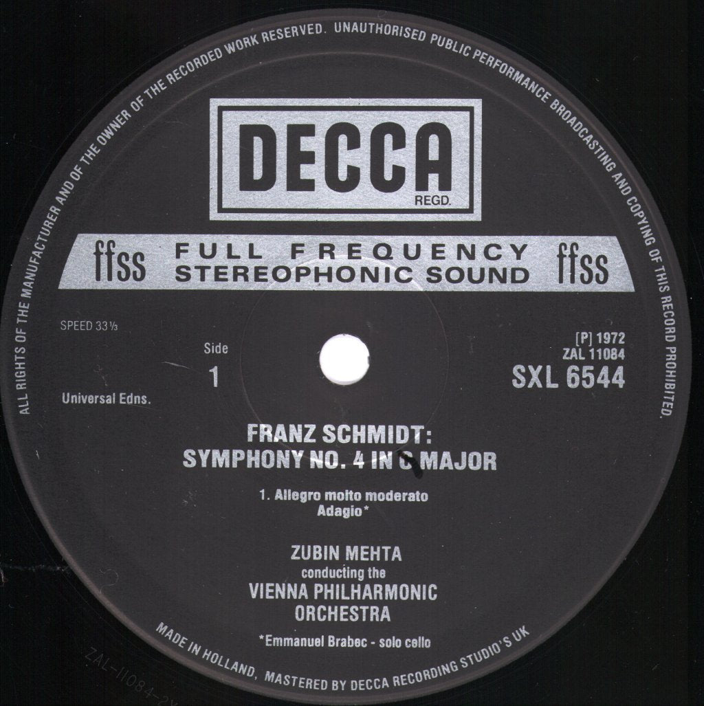 Zubin Mehta / Vienna Philharmonic Orchestra - Franz Schmidt - Symphony No.4 - Lp