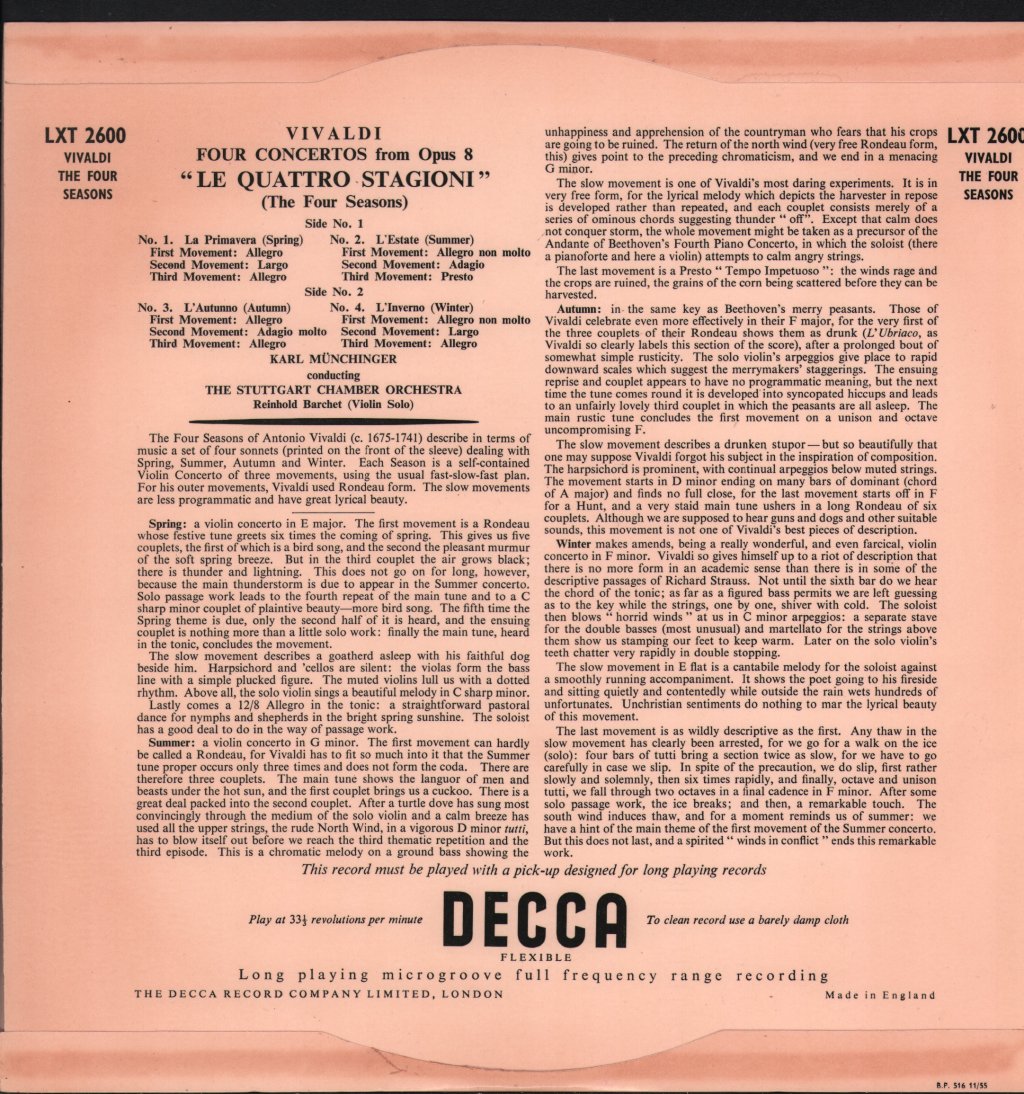 Karl Munchinger / Stuttgart Chamber Orchestra / Reinhold Barchet - Vivaldi - Four Concertos From Op. 8 "Le Quattro Stagioni" (The Four Seasons) - Lp