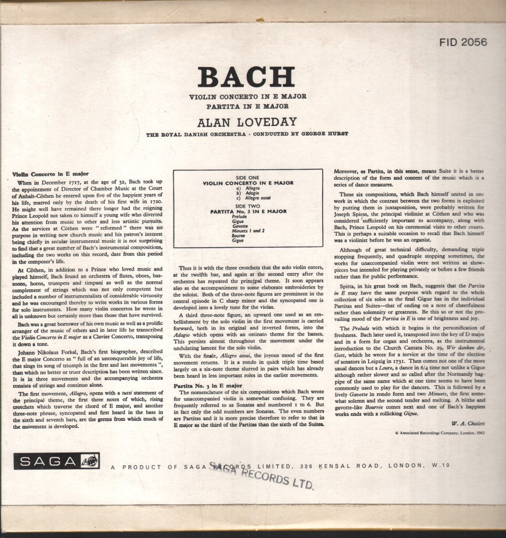 Alan Loveday / George Hurst / Royal Danish Orchestra - Bach - Violin Concerto In E Major / Partita In E Minor - Lp