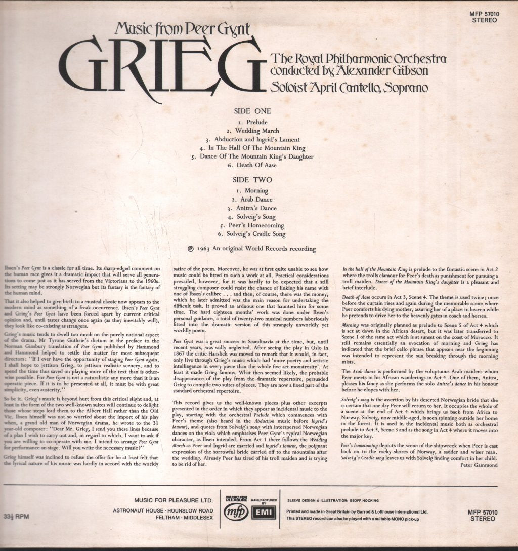 Alexander Gibson / Royal Philharmonic Orchestra - Grieg - Music From Peer Gynt - Lp