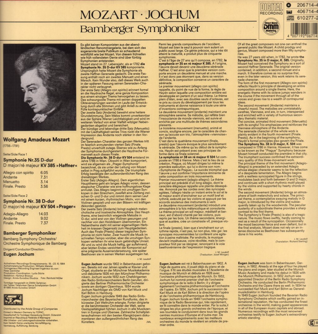 Eugen Jochum - Mozart Symphonien Nr 35 Kv 385 Haffner - Lp