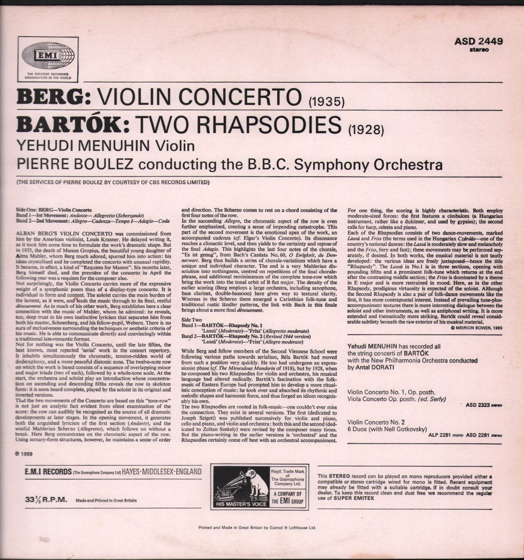 Yehudi Menuhin / Pierre Boulez / BBC Symphony Orchestra - Berg - Violin Concerto / Bartók - Two Rhapsodies - Lp