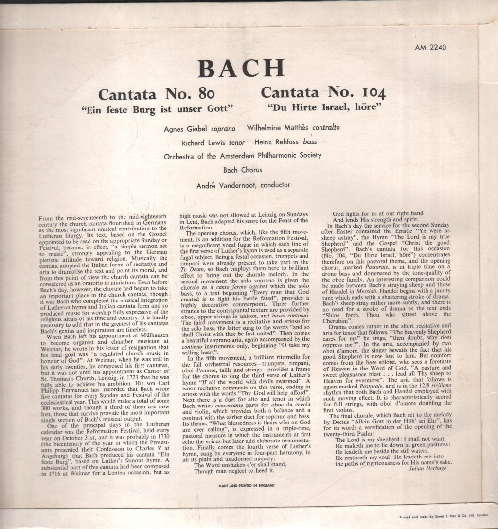 Agnes Giebel / Wilhelmine Matthes / Richard Lewis / Heinz Rehfuss / André Vandernoot - Bach - 2 Cantatas - Lp