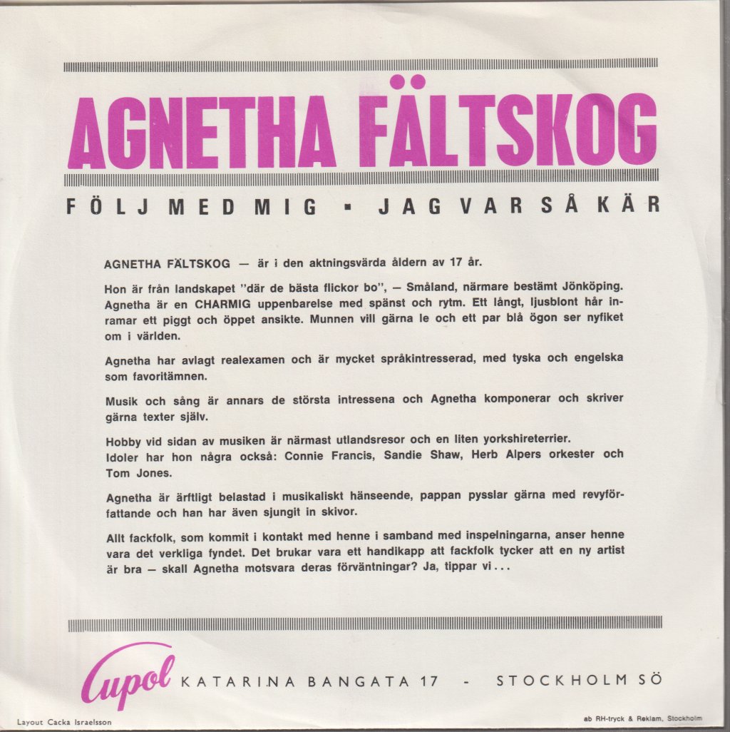 Agnetha Fältskog - Följ Med Mig · Jag Var Så Kär - 7 Inch