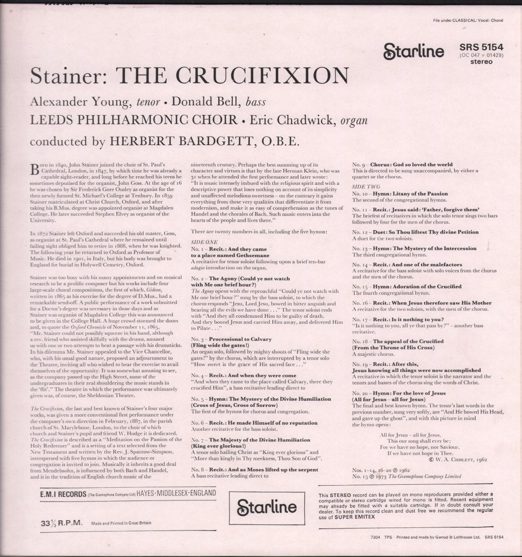 Alexander Young / Donald Bell / Leeds Philharmonic Choir / Eric Chadwick / Herbert Bardgett - Stainer's Crucifixion (The Crucifixion) - Lp