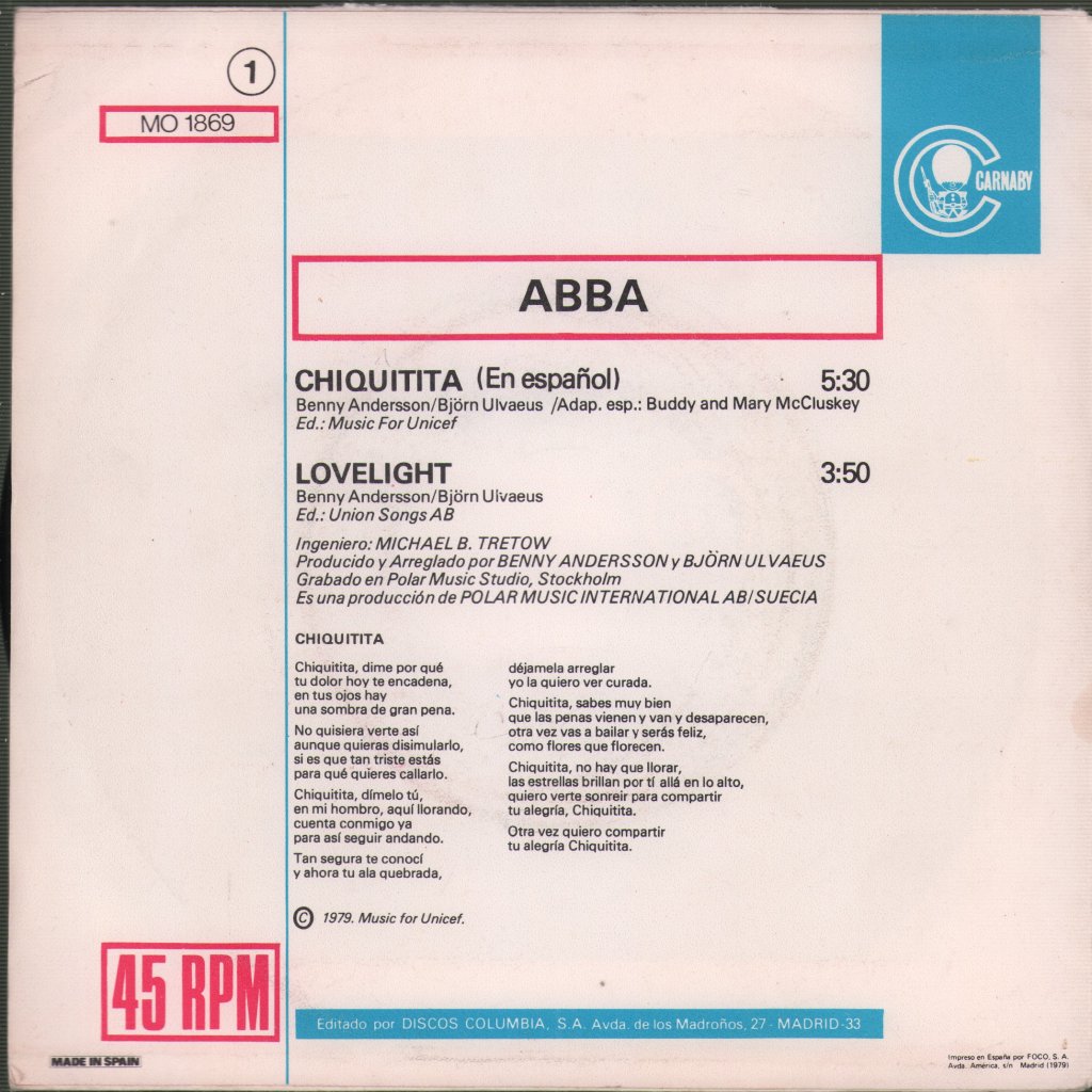 ABBA - Chiquitita (Cantado En Español) / Lovelight - 7 Inch