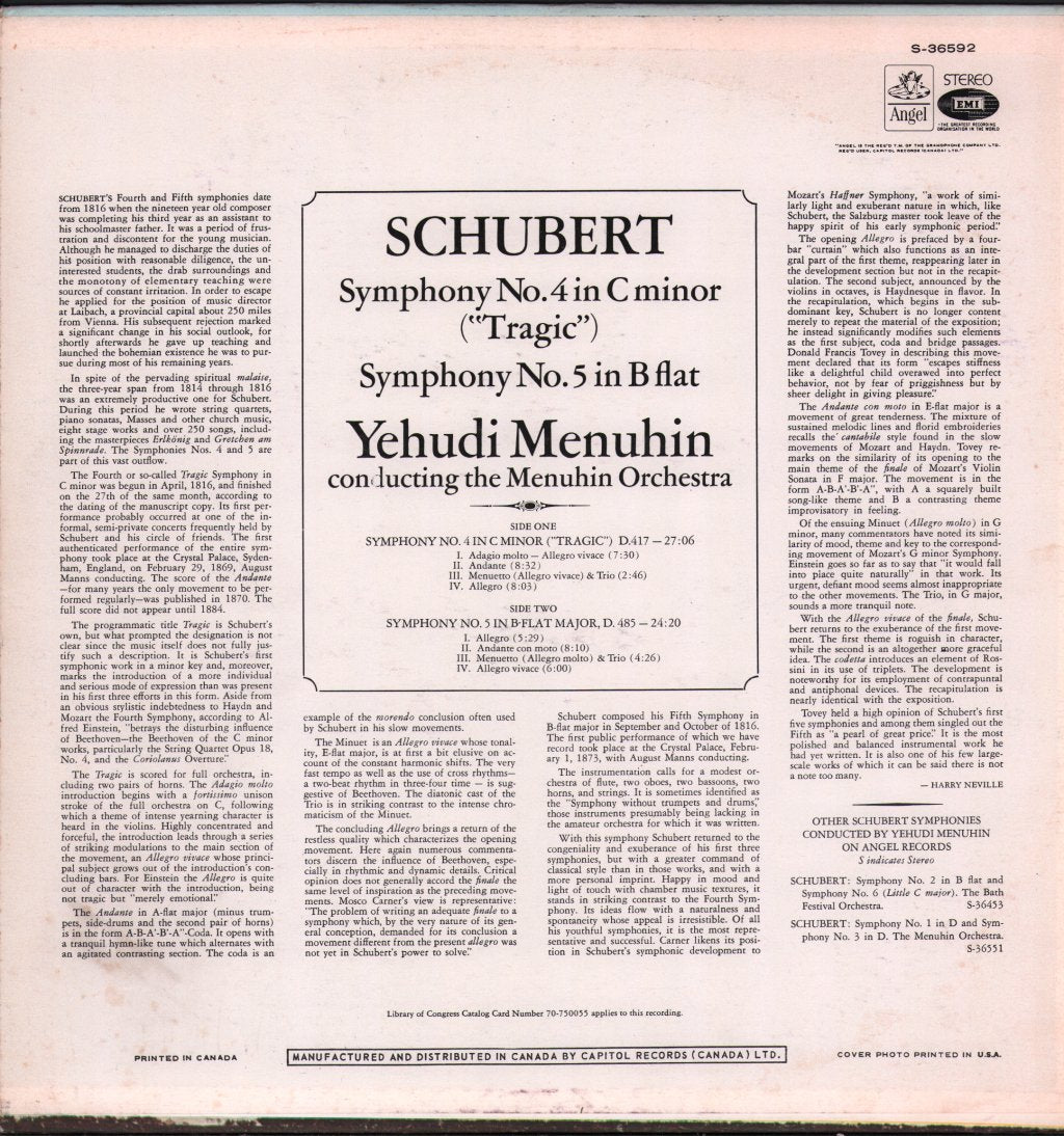 Yehudi Menuhin / Menuhin Orchestra - Schubert - Symphony No. 4 In C Minor (Tragic) / Symphony No. 5 In B Flat - Lp