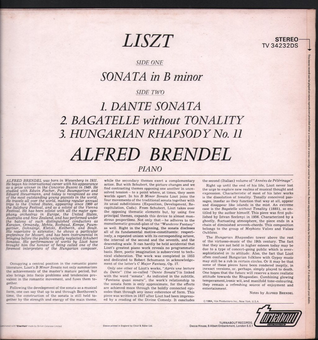 Alfred Brendel - Liszt - Sonata In B Minor / Dante Sonata / Bagatelle Without Tonality / Hungarian Rhapsody No 11 - Lp