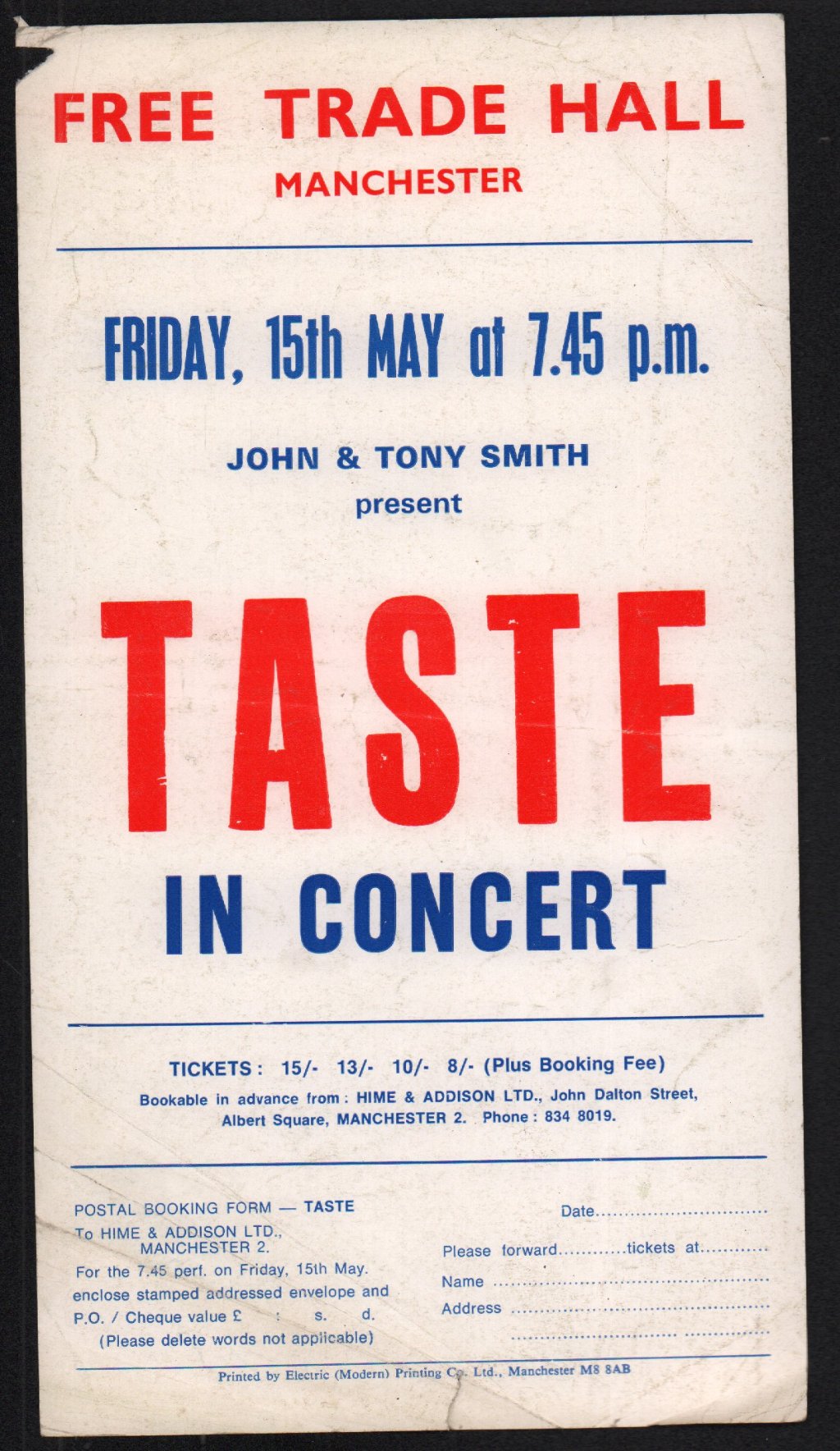 Taste (Rory Gallagher) - FREE TRADE HALL MANCHESTER 15TH MAY 1970 - Flyer