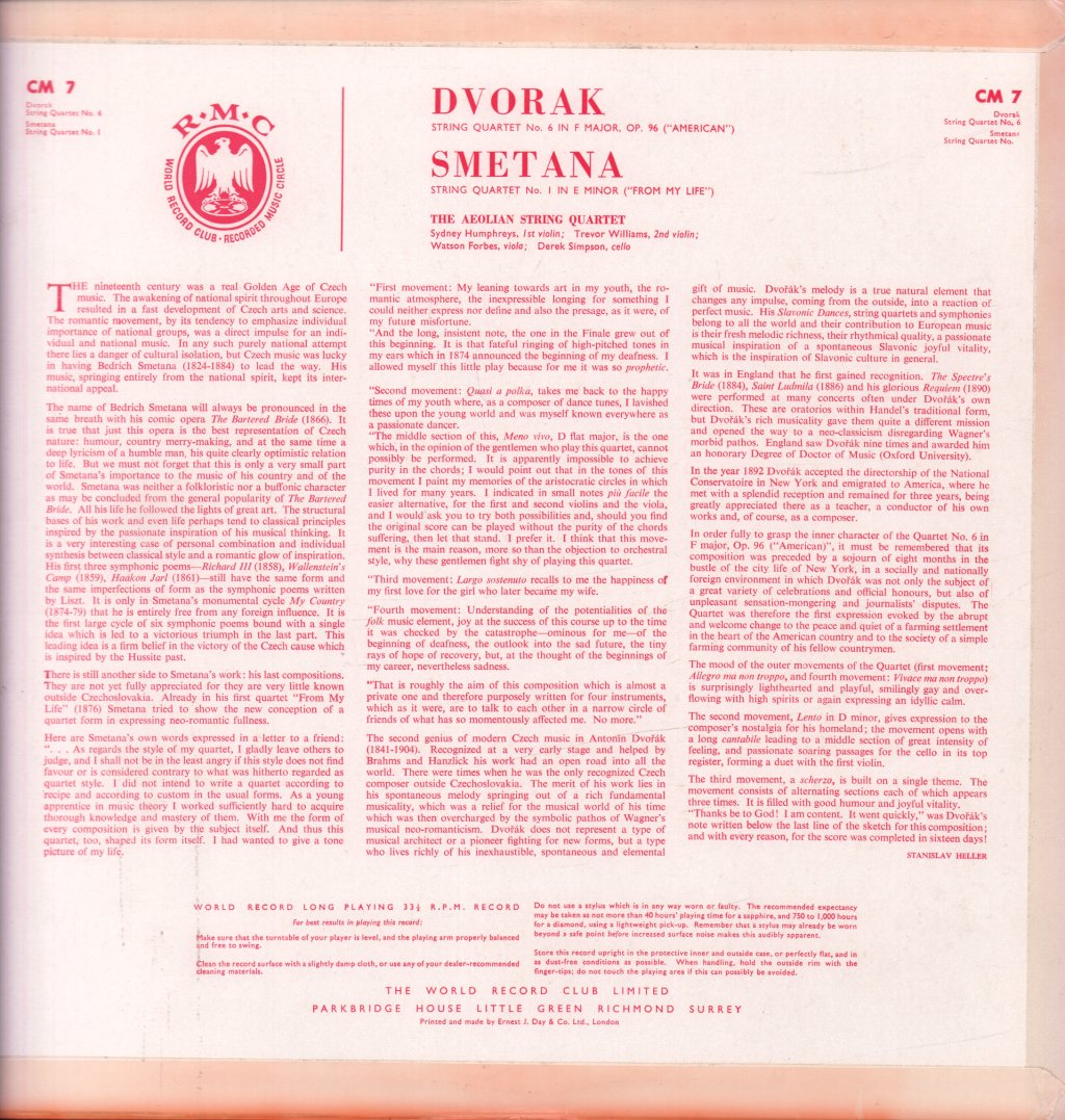 Aeolian String Quartet - Dvorak String Quartet No. 6 Smetana  String Quartet No. 1 - Lp