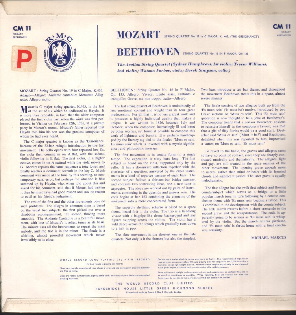 Aeolian String Quartet - Mozart -String Quartet No. 19 In C Major, K. 465 / Beethoven - String Quartet No. 16 In F Major, Op. 135 - Lp