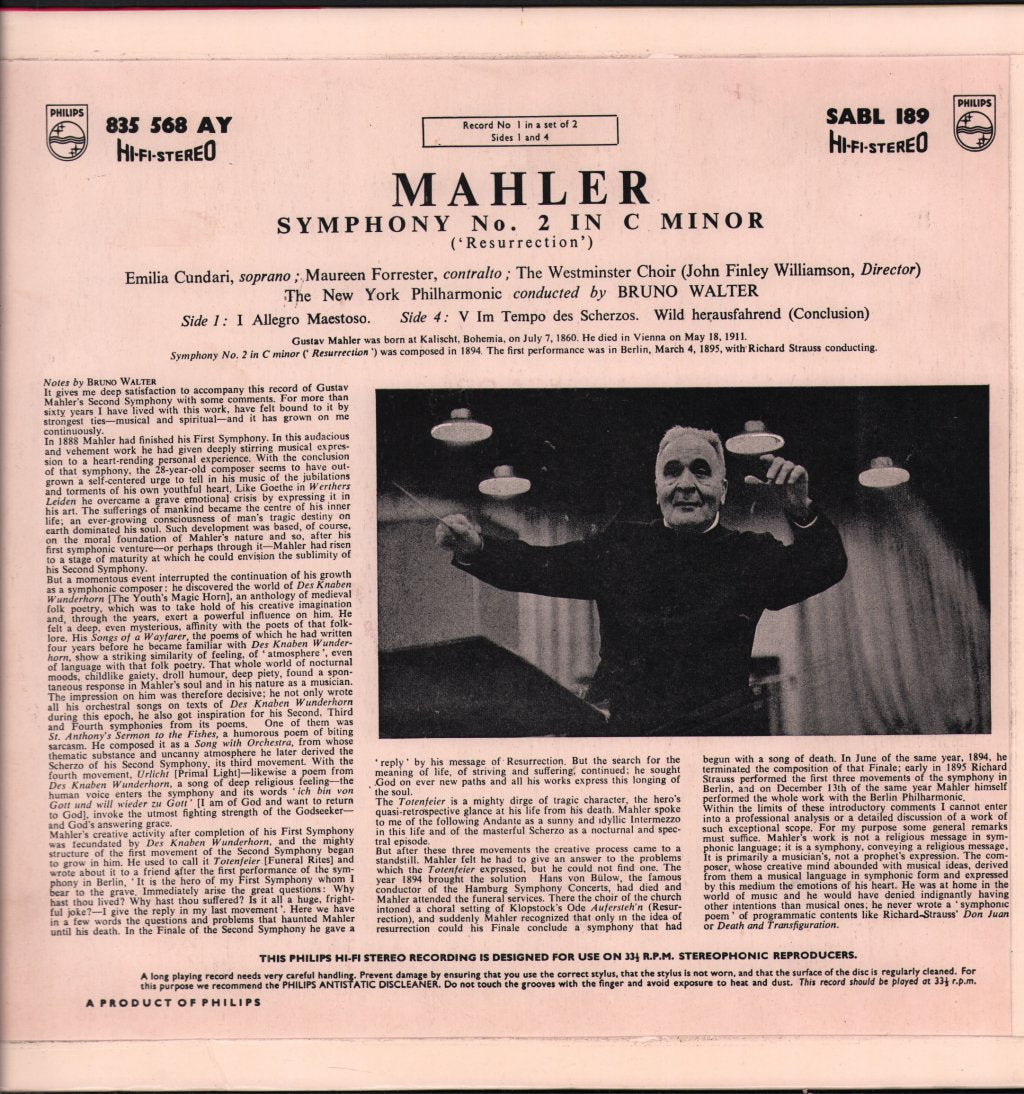 Bruno Walter / New York Philharmonic / Emilia Cundari / Maureen Forrester / Westminster Choir / John Finley Williamson - Mahler - Symphony No.2 In C Minor ''Resurrection'' - Double Lp