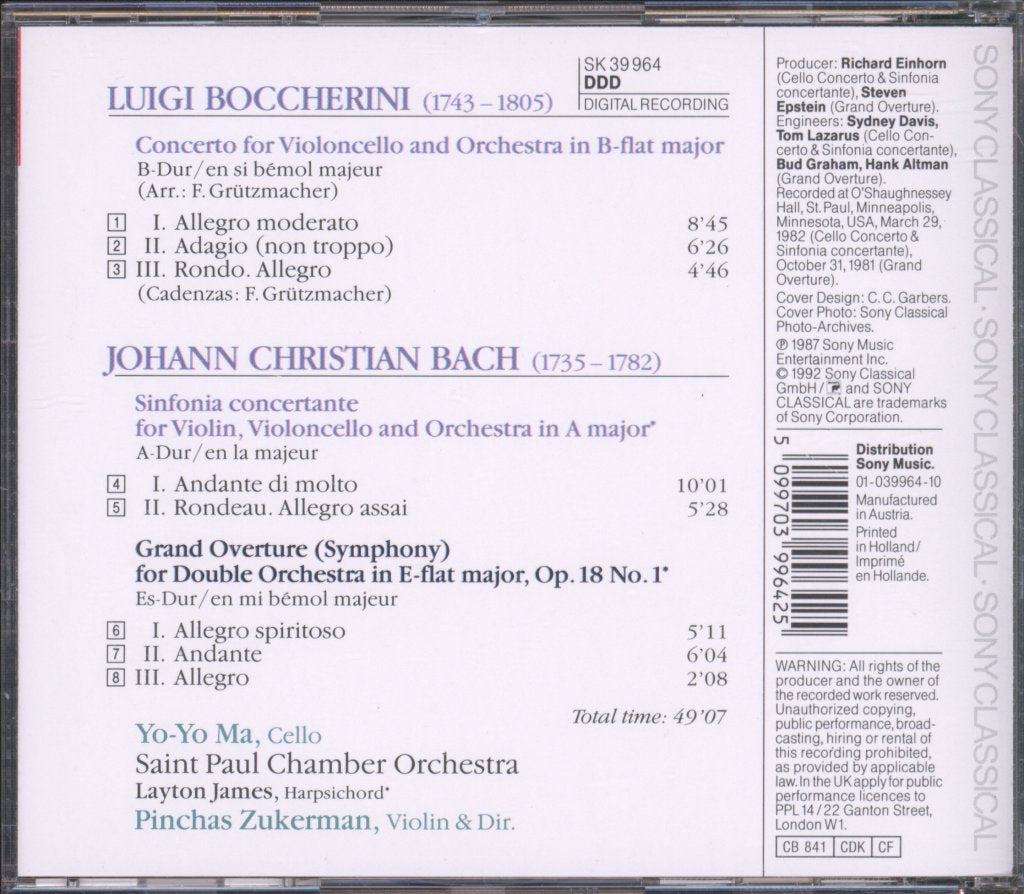 Yo Yo Ma - Boccherini / Bach - Cello Concerto, Etc. - Cd