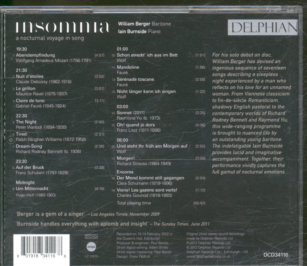 William Berger, Iain Burnside - Insomnia: A Nocturnal Voyage In Song - Cd